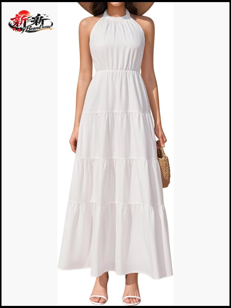 Flowy A-Line Halter Maxi Dress With Backless Design For Beach Wedding Guest